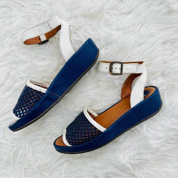 Fly London Navy Blue Perforated Mesh Leather Low Platform Sandal - Picture 5 of 16